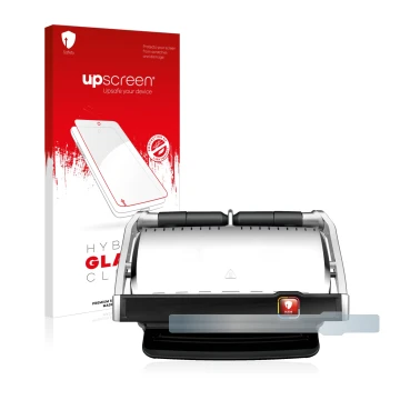 Vorderseite einer Produktverpackung mit dem Markenlogo upscreen. Daneben ist das Gerät Tefal OptiGrill Elite XL mit dem zugehö