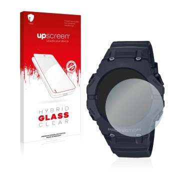 Vorderseite einer Produktverpackung mit dem Markenlogo upscreen. Daneben ist das Gerät Casio G-Shock GA-B001 mit dem zugehörig