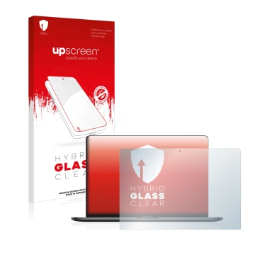 Vorderseite einer Produktverpackung mit dem Markenlogo upscreen. Daneben ist das Gerät Apple MacBook Pro 13