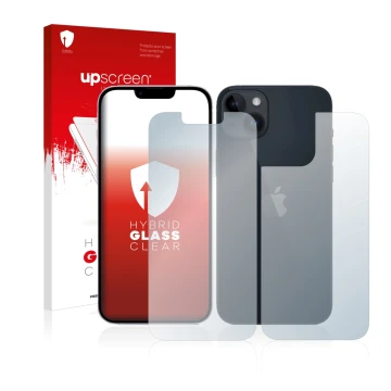 Vorderseite einer Produktverpackung mit dem Markenlogo upscreen. Daneben ist das Gerät Apple iPhone 14 (Display+Rückseite) mit