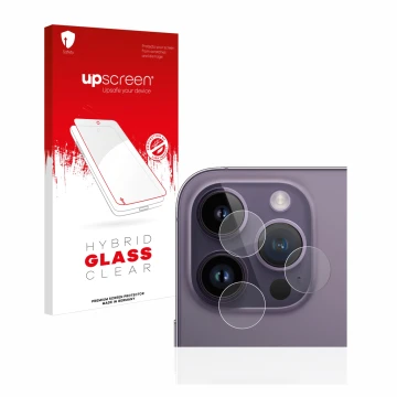Vorderseite einer Produktverpackung mit dem Markenlogo upscreen. Daneben ist das Gerät Apple iPhone 14 Pro (NUR Kameraschutz) 