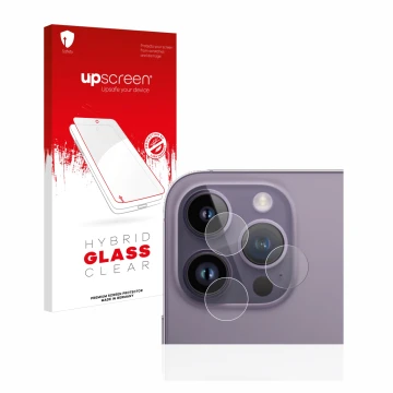Vorderseite einer Produktverpackung mit dem Markenlogo upscreen. Daneben ist das Gerät Apple iPhone 14 Pro Max (NUR Kameraschu