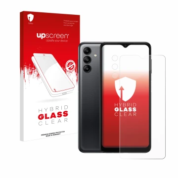Vorderseite einer Produktverpackung mit dem Markenlogo upscreen. Daneben ist das Gerät Samsung Galaxy A04s (Display+Kamera) mi