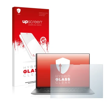 Vorderseite einer Produktverpackung mit dem Markenlogo upscreen. Daneben ist das Gerät Dell XPS 15 9520 Touch mit dem zugehöri