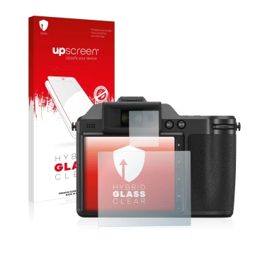 Vorderseite einer Produktverpackung mit dem Markenlogo upscreen. Daneben ist das Gerät Fujifilm X-H2 mit dem zugehörigen Displ