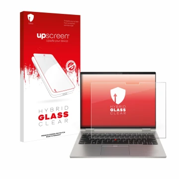 Vorderseite einer Produktverpackung mit dem Markenlogo upscreen. Daneben ist das Gerät Lenovo ThinkPad X1 Titanium Yoga Gen 1 