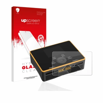 Vorderseite einer Produktverpackung mit dem Markenlogo upscreen. Daneben ist das Gerät Junsi iCharger DX8 Duo mit dem zugehöri