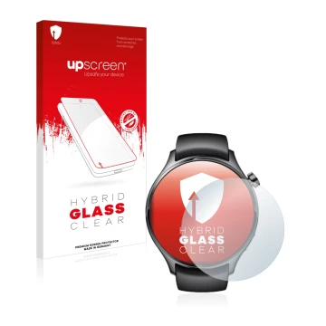 Vorderseite einer Produktverpackung mit dem Markenlogo upscreen. Daneben ist das Gerät Xiaomi Watch S1 Pro mit dem zugehörigen