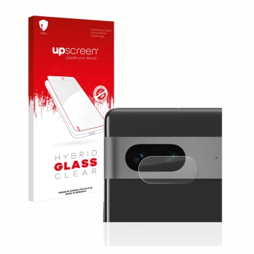 Vorderseite einer Produktverpackung mit dem Markenlogo upscreen. Daneben ist das Gerät Google Pixel 7 (NUR Kameraschutz) mit d