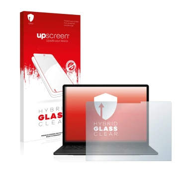 Vorderseite einer Produktverpackung mit dem Markenlogo upscreen. Daneben ist das Gerät Microsoft Surface Laptop 5 15