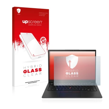 Vorderseite einer Produktverpackung mit dem Markenlogo upscreen. Daneben ist das Gerät Lenovo ThinkPad X1 Carbon Touch 14