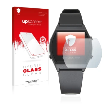 Vorderseite einer Produktverpackung mit dem Markenlogo upscreen. Daneben ist das Gerät Casio LW-204-1BEF mit dem zugehörigen D