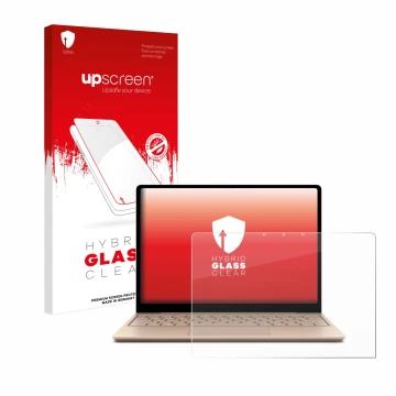 Vorderseite einer Produktverpackung mit dem Markenlogo upscreen. Daneben ist das Gerät Microsoft Surface Laptop Go 2 Business 
