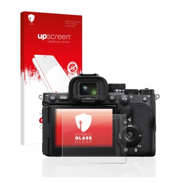 Vorderseite einer Produktverpackung mit dem Markenlogo upscreen. Daneben ist das Gerät Sony Alpha 7R V / a7R V mit dem zugehör
