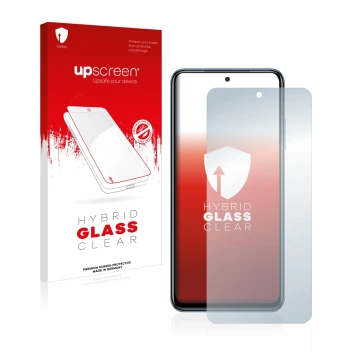 Vorderseite einer Produktverpackung mit dem Markenlogo upscreen. Daneben ist das Gerät Xiaomi Poco M5s mit dem zugehörigen Dis
