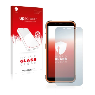 Vorderseite einer Produktverpackung mit dem Markenlogo upscreen. Daneben ist das Gerät Ulefone Power Armor 16 Pro mit dem zuge