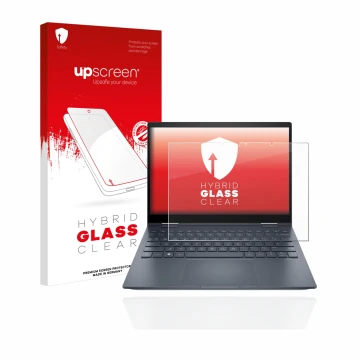 Vorderseite einer Produktverpackung mit dem Markenlogo upscreen. Daneben ist das Gerät HP Envy x360 13-bfxxx mit dem zugehörig