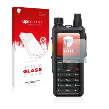 Vorderseite einer Produktverpackung mit dem Markenlogo upscreen. Daneben ist das Gerät Hytera HP 685 mit dem zugehörigen Displ