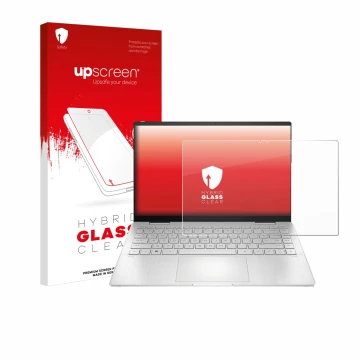 Vorderseite einer Produktverpackung mit dem Markenlogo upscreen. Daneben ist das Gerät HP Pavilion x360 2-in-1 (14-ekX) mit de