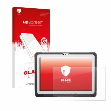 Vorderseite einer Produktverpackung mit dem Markenlogo upscreen. Daneben ist das Gerät Panasonic Toughbook FZ-A3 mit dem zugeh