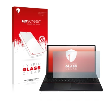 Vorderseite einer Produktverpackung mit dem Markenlogo upscreen. Daneben ist das Gerät Fujitsu Lifebook E5512 mit dem zugehöri