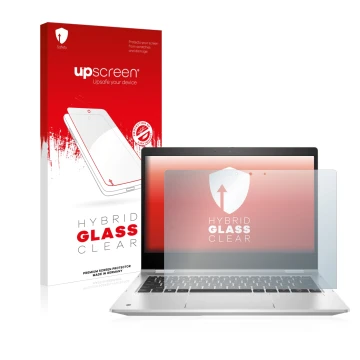 Vorderseite einer Produktverpackung mit dem Markenlogo upscreen. Daneben ist das Gerät HP ProBook x360 435 G9 mit dem zugehöri