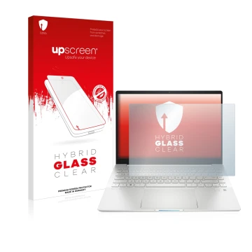 Vorderseite einer Produktverpackung mit dem Markenlogo upscreen. Daneben ist das Gerät HP Pavilion Plus 14-eh mit dem zugehöri