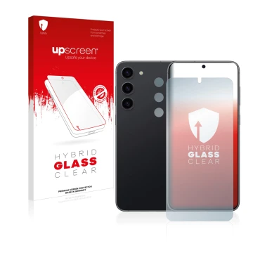 Vorderseite einer Produktverpackung mit dem Markenlogo upscreen. Daneben ist das Gerät Samsung Galaxy S23 Plus (Display+Kamera