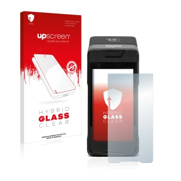 Vorderseite einer Produktverpackung mit dem Markenlogo upscreen. Daneben ist das Gerät myPOS Carbon mit dem zugehörigen Displa