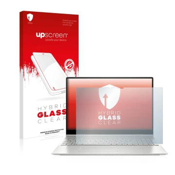 Vorderseite einer Produktverpackung mit dem Markenlogo upscreen. Daneben ist das Gerät HP Envy x360 2-in-1 15-ey mit dem zugeh
