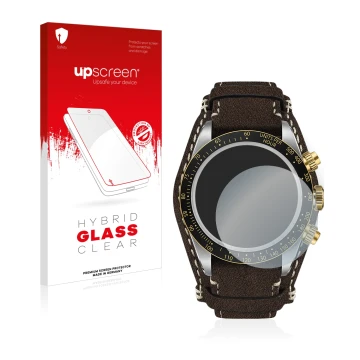 Vorderseite einer Produktverpackung mit dem Markenlogo upscreen. Daneben ist das Gerät Tudor Black Bay Chrono 41mm mit dem zug