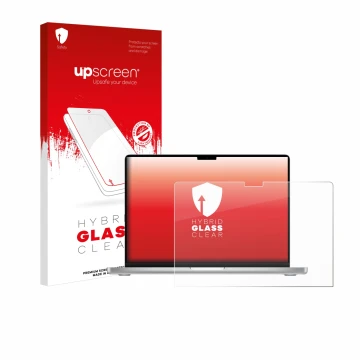 Vorderseite einer Produktverpackung mit dem Markenlogo upscreen. Daneben ist das Gerät Apple MacBook Pro 14