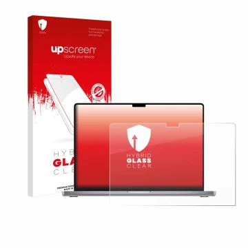 Vorderseite einer Produktverpackung mit dem Markenlogo upscreen. Daneben ist das Gerät Apple MacBook Pro 16