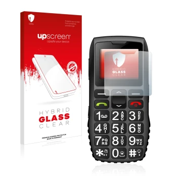 Vorderseite einer Produktverpackung mit dem Markenlogo upscreen. Daneben ist das Gerät artfone C1 + mit dem zugehörigen Displa