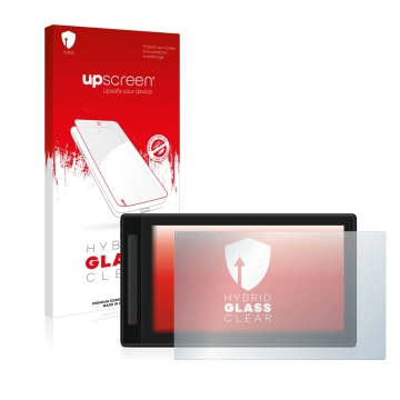 Vorderseite einer Produktverpackung mit dem Markenlogo upscreen. Daneben ist das Gerät Huion Kamvas Pro 16 (2.5K) mit dem zuge