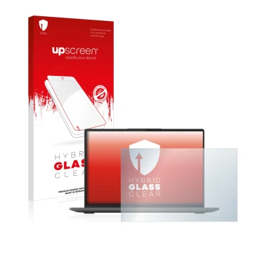 Vorderseite einer Produktverpackung mit dem Markenlogo upscreen. Daneben ist das Gerät Lenovo Yoga Slim 7 ProX 14ARH7 mit dem 