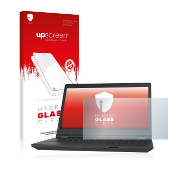 Vorderseite einer Produktverpackung mit dem Markenlogo upscreen. Daneben ist das Gerät Fujitsu Lifebook E5411 mit dem zugehöri
