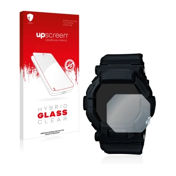 Vorderseite einer Produktverpackung mit dem Markenlogo upscreen. Daneben ist das Gerät Casio G-Shock GD350 mit dem zugehörigen