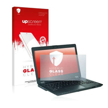 Vorderseite einer Produktverpackung mit dem Markenlogo upscreen. Daneben ist das Gerät Fujitsu Lifebook U729 mit dem zugehörig