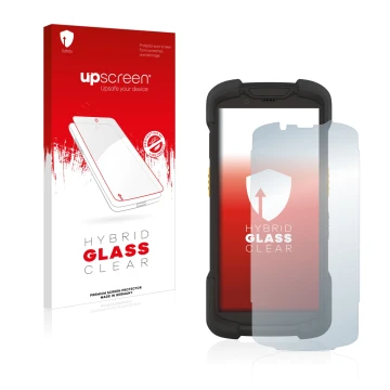 Vorderseite einer Produktverpackung mit dem Markenlogo upscreen. Daneben ist das Gerät Zebra TC73 mit dem zugehörigen Displays