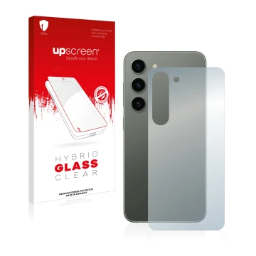 Vorderseite einer Produktverpackung mit dem Markenlogo upscreen. Daneben ist das Gerät Samsung Galaxy S23 (Rückseite) mit dem 