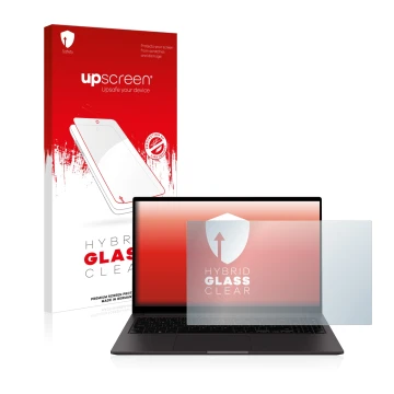 Vorderseite einer Produktverpackung mit dem Markenlogo upscreen. Daneben ist das Gerät Samsung Galaxy Book2 15.6