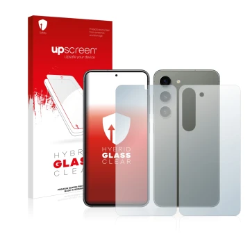 Vorderseite einer Produktverpackung mit dem Markenlogo upscreen. Daneben ist das Gerät Samsung Galaxy S23 Plus (Display+Rückse