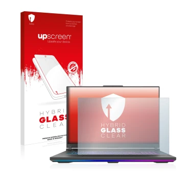 Vorderseite einer Produktverpackung mit dem Markenlogo upscreen. Daneben ist das Gerät ASUS ROG Strix G18 G814 2023 mit dem zu