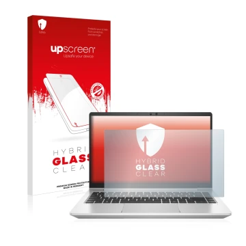 Vorderseite einer Produktverpackung mit dem Markenlogo upscreen. Daneben ist das Gerät HP ProBook 445 G8 mit dem zugehörigen D