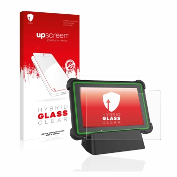 Vorderseite einer Produktverpackung mit dem Markenlogo upscreen. Daneben ist das Gerät Hella Gutmann Mega Macs X (tablet) mit 
