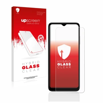 Vorderseite einer Produktverpackung mit dem Markenlogo upscreen. Daneben ist das Gerät Nokia G22 mit dem zugehörigen Displaysc