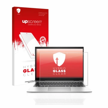 Vorderseite einer Produktverpackung mit dem Markenlogo upscreen. Daneben ist das Gerät HP EliteBook x360 830 G9 mit dem zugehö