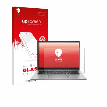Vorderseite einer Produktverpackung mit dem Markenlogo upscreen. Daneben ist das Gerät HP Zbook Firefly 14 G9 mit dem zugehöri