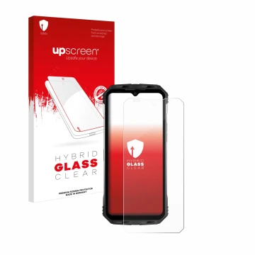 Vorderseite einer Produktverpackung mit dem Markenlogo upscreen. Daneben ist das Gerät Doogee S100 mit dem zugehörigen Display
